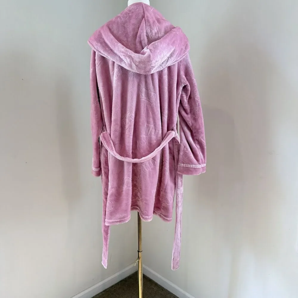 Juicy Couture Pink Plush Hooded Robe S/M Y2K Coquette Velour Spa Loungewear - Picture 5 of 16